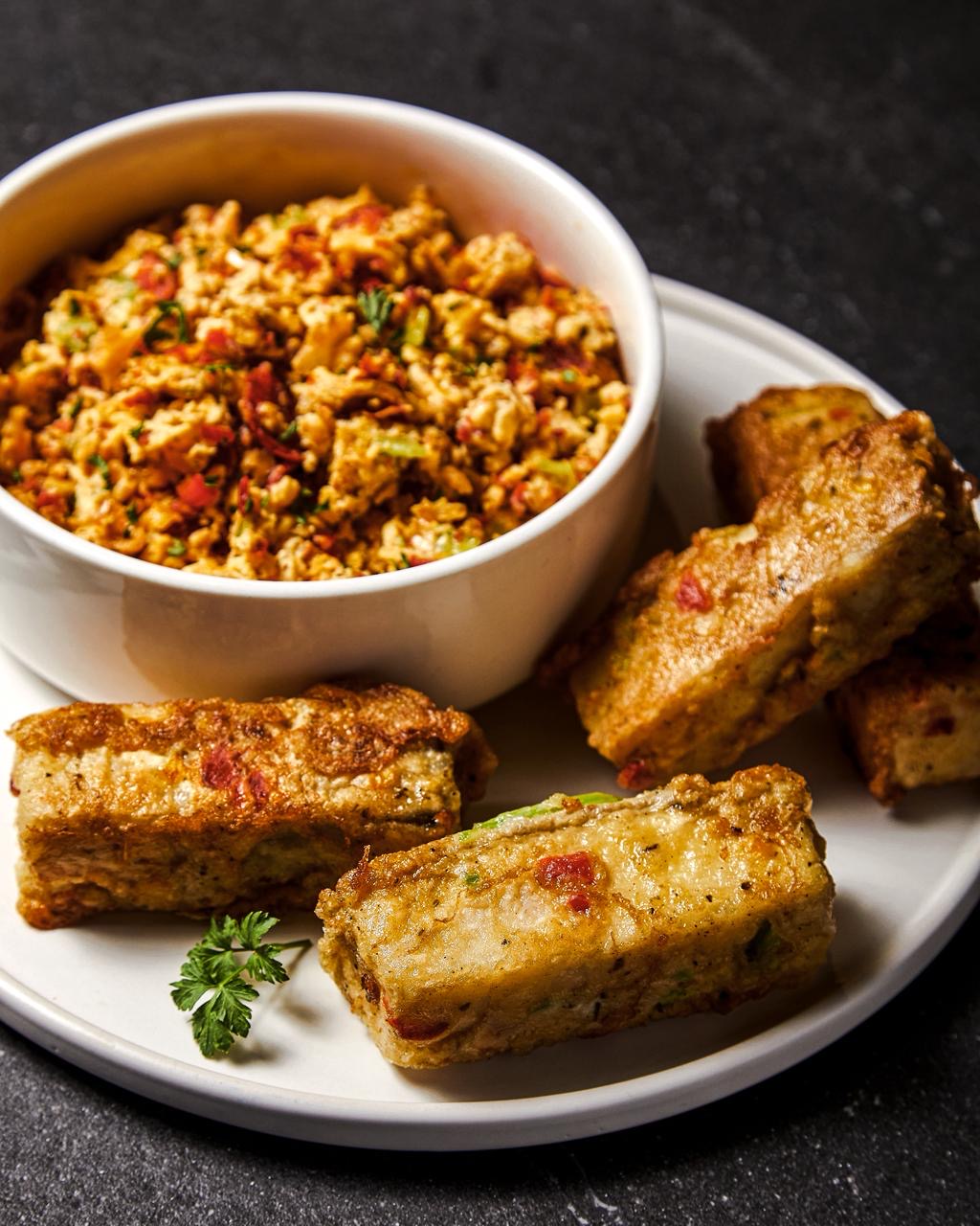 Yamarita with egg sauce and vegetables
